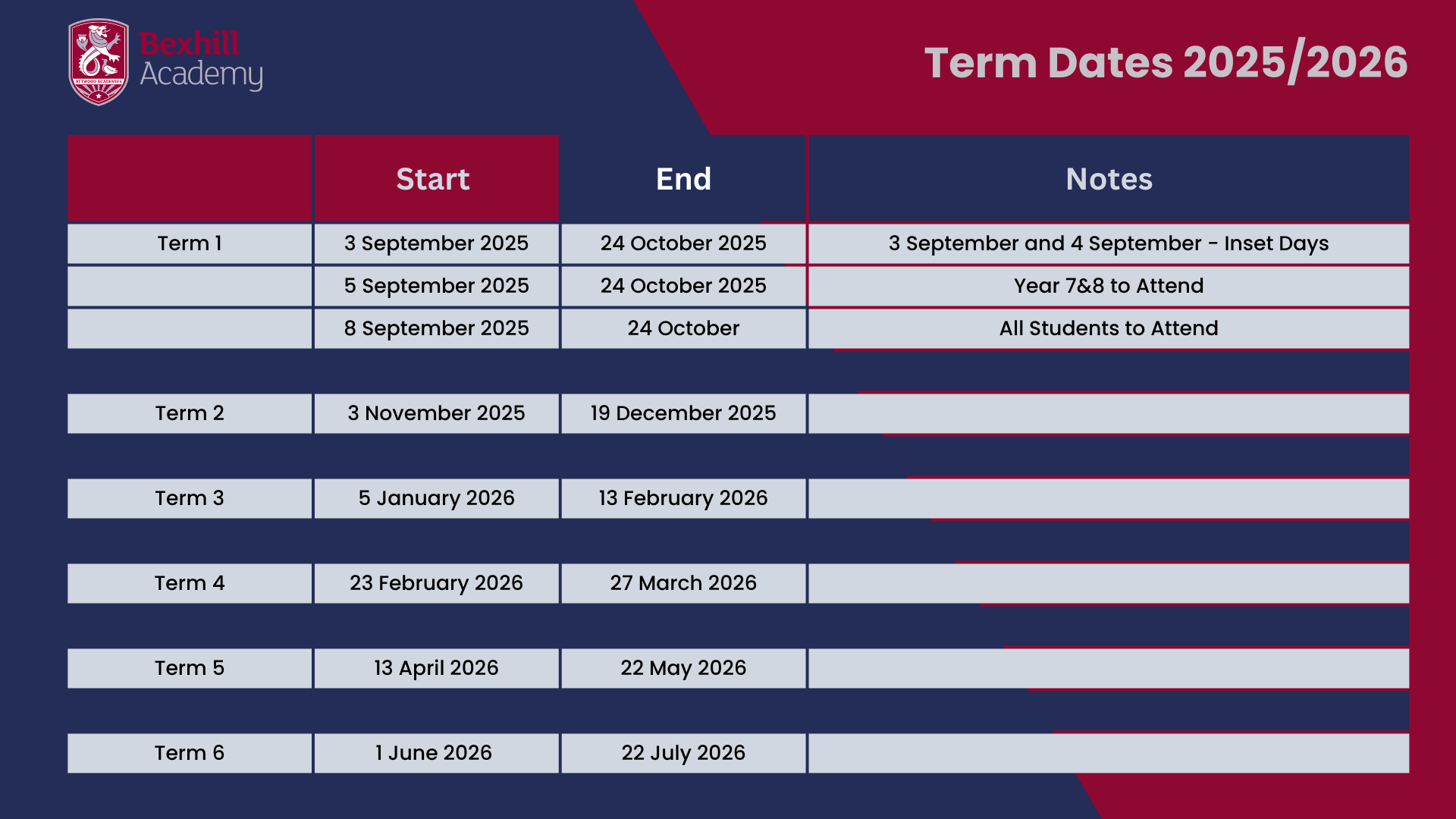 Term Dates 2025/2026